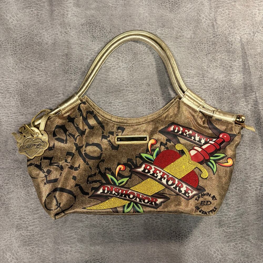 Ed Hardy Gold Metallic Graphic Shoulder Bag